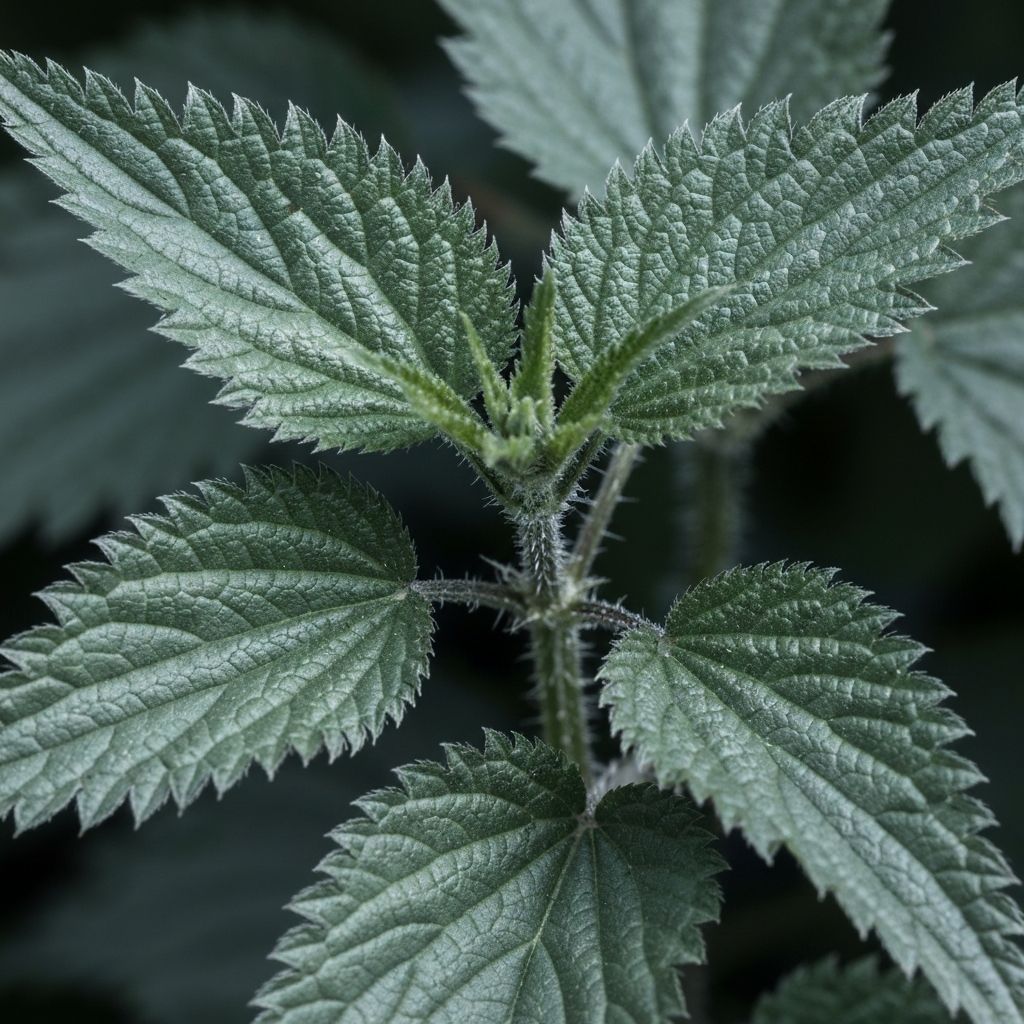 Detailed macro photography of nettle plant leaves and stems
